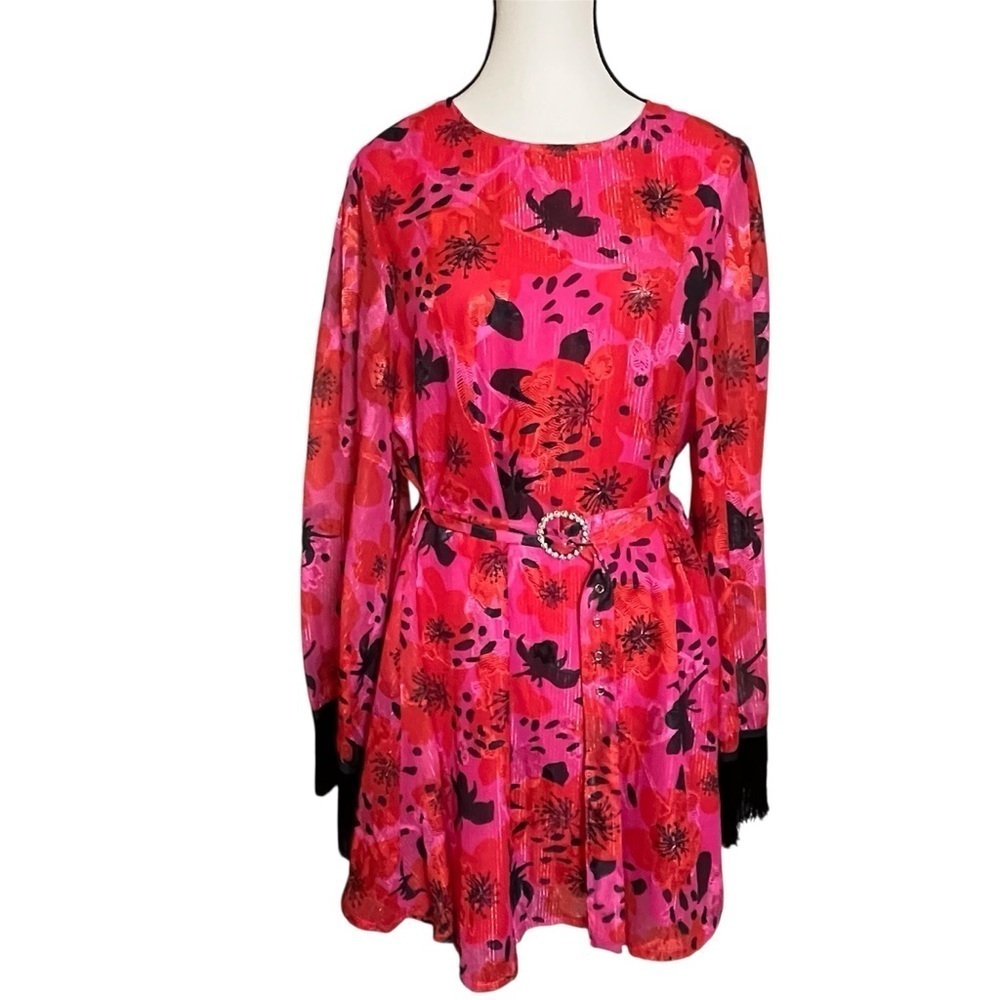 Dusty Daze Swing Dress Long Sleeve Fringe Cuffs Belt Festival Pink Red Boho Sz S